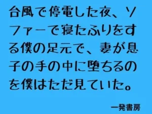 秘密な同人作品!台風で停電した夜、ソファーで寝たふりをする僕の足元で、妻が息子の手の中に堕ちるのを僕はただ見ていた。【一発書房】